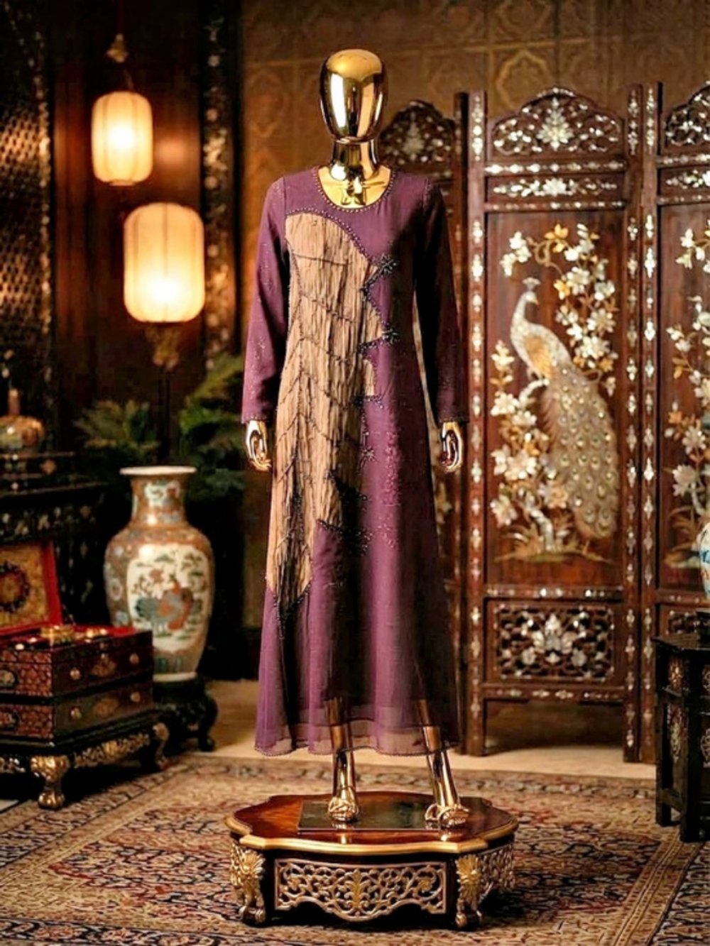 Purple Brown Long Sleeve Maxi Dress Like New